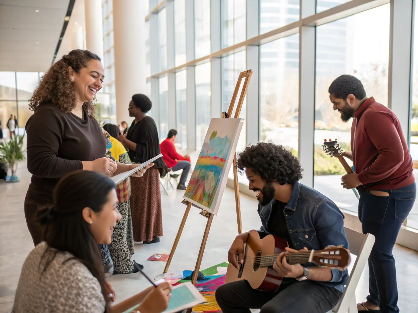 A photograph capturing a lively scene from an artistic creation workshop at La Citadelle de Marseille, highlighting the collaborative and expressive environment.