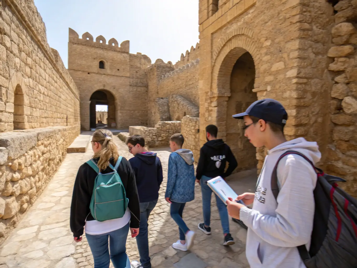 A photograph of a guided historical tour group exploring the ramparts and fortifications of La Citadelle de Marseille, led by a knowledgeable guide.