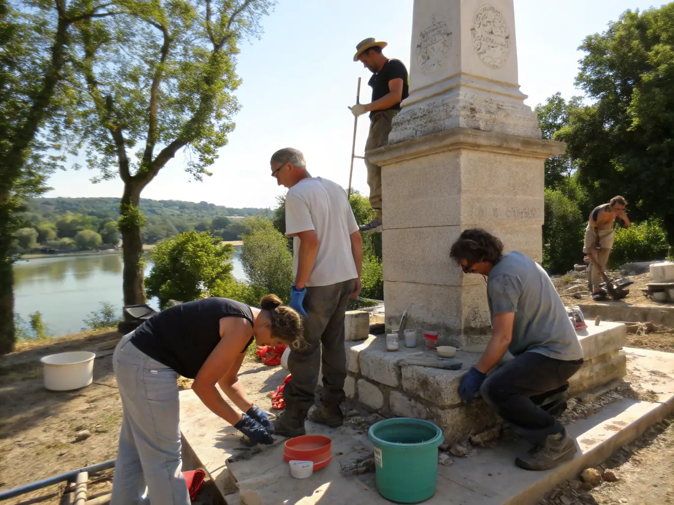 A vibrant image showcasing participants engaged in a heritage restoration workshop at La Citadelle de Marseille, focusing on hands-on learning and preservation techniques.