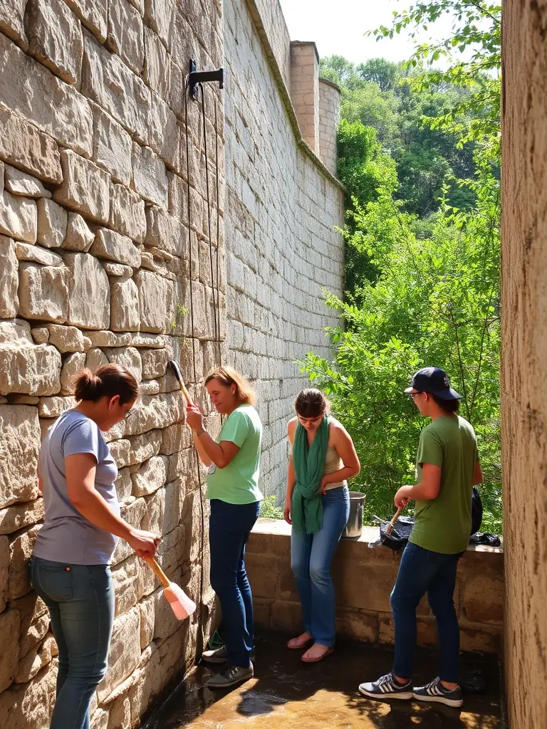 A photo of volunteers working on the restoration of a section of the Citadelle's walls, showcasing the community's involvement in preserving the site.